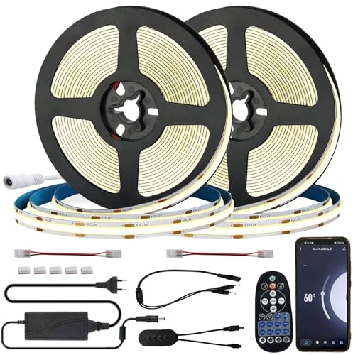 FOLGEMIR 10m (2x 5m) COB LED Streifen Warmweiß 3000K, WIFI kontrolliert LED Strip mit 12V Netzteil & IR Fernbedienung, dimmbar, selbstklebend, Timer, Musik, kompatibel mit Tuya APP