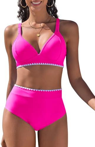 Vijamiy Maillot de Bain Femme 2 Pieces Taille Haute Bikini Set Col V Ensemble Chic et Elegant avec Dentelle Blanche