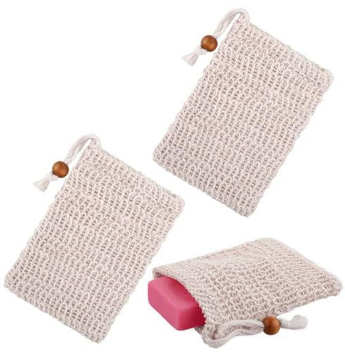 2 Stück Seifensäckchen Bio, Natürliches Sisal Seifenbeutel, Seifensäckchen für Feste Seife, Sicherer und Langlebiger Sisalfaser Seifensäckchen, Kordelzug Massage Seifensack, für Feste Seife Mesh