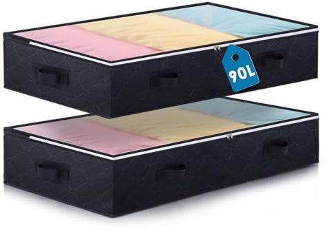 Boic 2 Packs Underbed Storage Bags, 90L Large Under Bed Storage Box, Foldable Underbed StorageBoxes with Lids, Fabric Clothes Storage Bag for Clothes, Comforters, Blankets, and Bedding (Black)