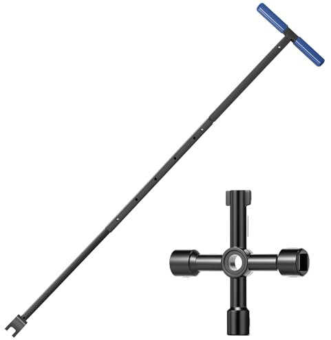 LuLobtg Water Meter Key with 4 Way Utility Tool Carbon Steel T Shape Water Shut Off Tool 17''-37'' Adjustable Length Water Meter Wrench for Faucets Valve Water Pipes(Blue)