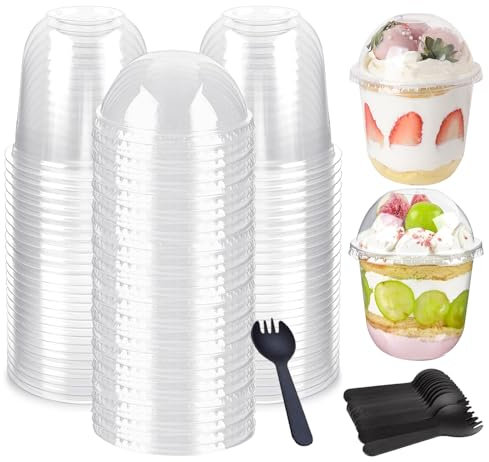 50PCS Dessert Cups with Lids, 350ml/12oz Clear Dessert Cups with Lids and Sporks Reusable Clear Container for Pudding, Fruit, Mousse and Ice Cream (350ml)
