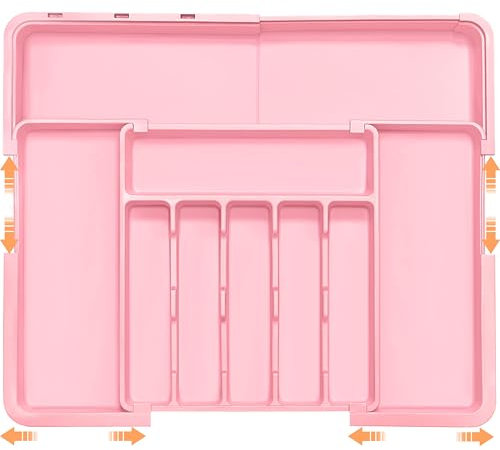 Silverware Organizer Expandable Kitchen Utensil Drawer Organizer Large BPA Free Adjustable Cutlery Silverware Tray for Spoons Forks Knives Storage Divider for Kitchen Flatware 6-9 Slots Pink