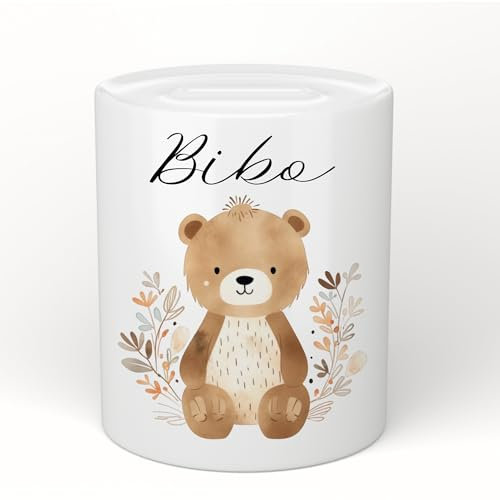 Manufaktur Liebevoll Spardose mit Namen Personalisierte Spardose Kinder Geschenk Baby Mädchen Junge Sparschwein Bär