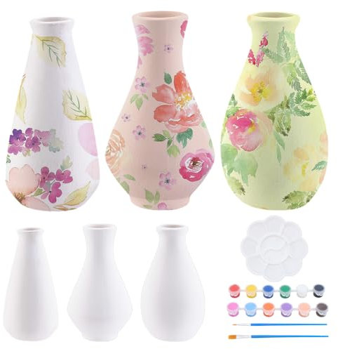 WEBEEDY 3 Styles DIY Ceramic Vase Paint Kit Unpainted White Ceramic Pottery Vase for Adults Beginner Paint Your Own Porcelain Vases for Home Kitchen Table Decoration DIY Art Craft Birthday Gift