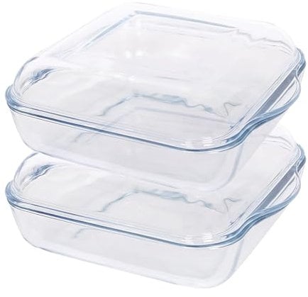 Argon Tableware Square Glass Oven Dishes with Lid - 24cm x 21cm - 2x Small Deep Baking Casserole Lasagne Roasting Roaster Cooking Tray Bowl | Microwave Safe, Freezer Safe