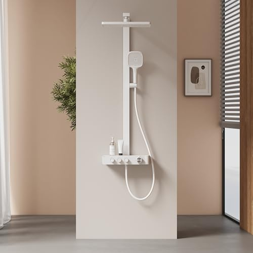 EMKE Duschsystem mit Thermostat, Regendusche 360 x 240 mm, Weiß Matt | Handbrause mit 4 Strahlstärken, Glasablage, Verbrühungsschutz, großer 360x240 mm Regendusche, für Familienbadezimmer
