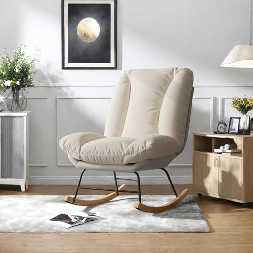 Schaukelstuhl Relaxstuhl Relaxsessel mit Verstellbarer Rückenlehne, 5 Fach Verstellbarer Neigung, Moderner Relaxsessel Stillstuhl Für Balkon Garten Wohnzimmer, Leinen + Technisches Tuch (Beige-G)