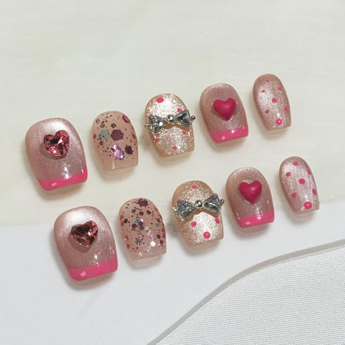 Sun&Beam Nails Handmade Press-on Short Coffin Ballerina Pink French Sweet Heart Design Fashion False Nail Tips 10 Pcs Set (#252 S)