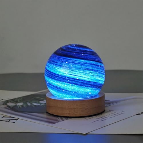 Neptun Blue Planet Glas Kugellampe mit Holzbasis Dreifarbige Dimming Design Wirbel Planet Tischlampe Anzug für Schlafzimmer Nachttisch Wohnzimmer USB Stecker
