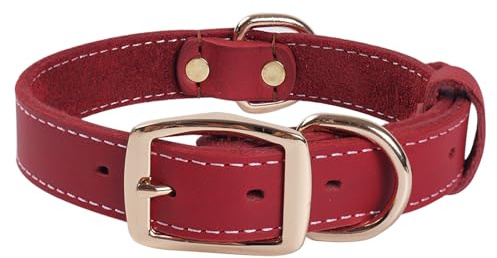 Heavy Duty Genuine Leather Dog Collar - Adjustable Red Design, Soft and Strong with Metal Buckle and D-Ring for Small, Medium, Large Breeds (M)