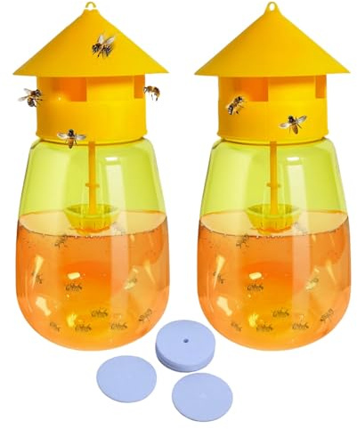 Fruchtfliegenfallen für drinnen und draußen, mit 10 Pad-Papier, effektive ungiftige Schädlingsbekämpfung in Küche und Obstgarten, einfache Einrichtung mit Essig und Köder (gelbe Fallflasche, 2) (gelb)