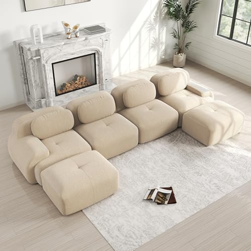 Bladez Modernes 4-Sitzer Cord Sofa Modulares U-förmiges Ecksofa mit Ottoman Hocker, Ohne Montage, Cloud Polstersofa Couchs kombinierbar, für Wohnzimmer (Beige, 4-Sitzer+2)