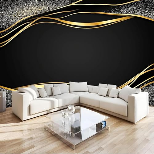Photo Wallpaper Golden Stripes 3D Effect Black Wall Mural Decoration Poster Picture Modern Design 150x105 cm Murals Wall Art for Living Room Bedroom Kitchen a-10425