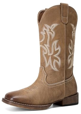 DREAM PAIRS Cowboy Cowgirl Boots for Women Square Toe | Molded arch, 1,38 block heel, flame embroidery, wide square, non-slip outsole