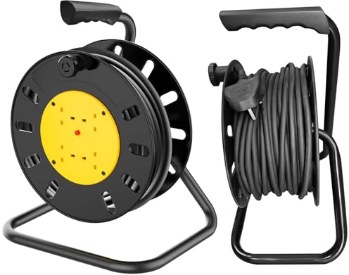 50m Extension Lead, Cable Reel with 4-Way Socket, Heavy Duty Extension Cord with Safety Thermal Cut Out, Portable Power Outdoor Electric Extension Reel for Garden Lawn Mower Indoor Home Office