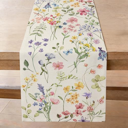 Tischläufer Landhausstil Sommer Bunt Blumen Tischband 40x100 cm Modern Tischdeko Streublumen Leinenoptik Küche Esstisch Tisch Dekoration für Drinnen Draußen Hochzeit Wohnzimmer Party Deko