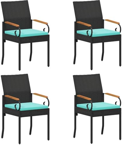 vidaXL Gartenstühle 4 pcs Schwarz und Türkis Poly-Rattan und Akazie, Akazienstühle, rechteckige Sitzgelegenheit, wetterfeste Polyrattan-Gartenmöbel, bequemes Design