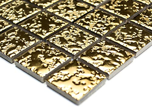 Mosaik Quadrat uni gold gehämmert Keramik, Mosaikstein Format: 25x25x6 mm, Mattengröße: 60 x 100 mm, 1 Handmuster ca. 6x10 cm