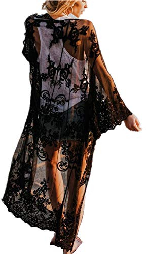 L-Peach Damen Spitze Blumen Langes Kleid Strandkleid Pareo Kimono Cover ups One Size