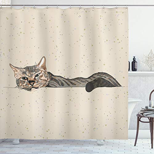 ABAKUHAUS Chat Rideau de Douche, Lazt Sleepy Cat, Tissu Ensemble de Décor de Salle de Bain avec Crochets, 175 cm x 220 cm, Gris Beige