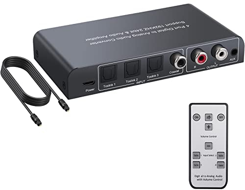 PROZOR 4 Porte DAC Convertitore con Telecomando 192KHz Adattatore Digitale ad Angalogico Controllo Volume Muto Supporta 3 Ingressi Toslink SPIDF Ottico / 1 Ingresso Coassiale a Uscita Stereo RCA 3.5MM