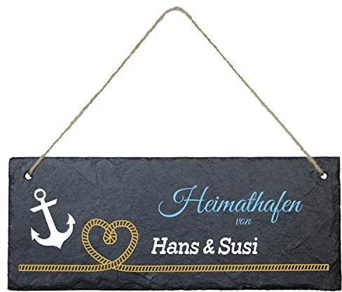 Geschenke 24 Schiefertafel zum Aufhängen Heimathafen (Herztau, farbig) - Personalisierte Schieferplatte mit Namen und Spruch - Eingangstür Haustür - Deko Maritim, Wanddeko