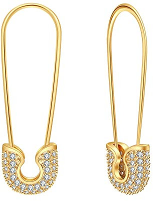 Sicherheitsnadel-Ohrringe, 14 Karat vergoldet, Zirkonia, minimalistisch, baumelnde Creolen, Schmuck für Frauen