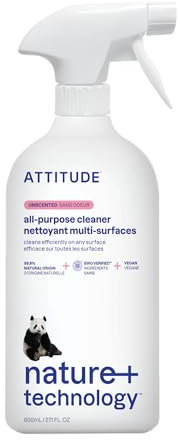 ATTITUDE All Purpose Cleaner Spray, EWG Verified, Vegan, Made with 94% Plant-Based Ingredients, Streak-Free for Kitchen, Bathroom, Glass & More, Unscented, 800 mL