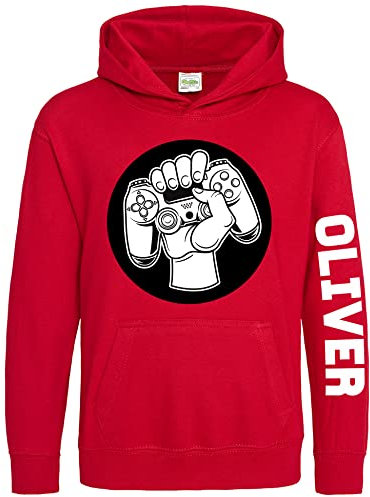 Purple Print House Custom Name Gaming Kids Hoodie, Personalised Text Gifts For Boys and Girls, Unique and Cool Birthday Christmas Video Game Hoody, Hooded Gamer Jumper Gift, 12-13 Years, Red