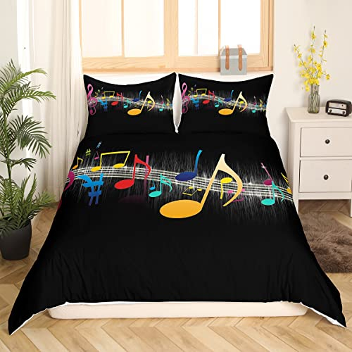 Homemissing Musique Thème Parure de Lit 220x240cm Note de Musique Parure Housse de Couette Coloré Instrument de Musique Géométrique Housse de Couette Respirant Noir Décor De Chambre, Multicolore 34