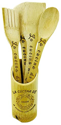 Set Accessori da Cucina Utensili in Legno 5 pezzi portamestoli e 4 mestoli Cucchiaio Spatola Forchettone Personalizzati Idea Regalo Originale Festa della Mamma Compleanno Natale Incisione Laser cucina