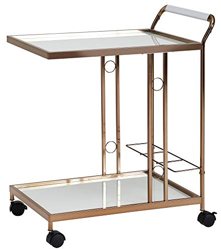 möbelando Design Servierwagen Gold 67x80x45 cm | Mobiler Beistelltisch | Speisewagen mit Glasplatte | Küchenwagen Milchglas | Teewagen | Mini Bar auf Rollen