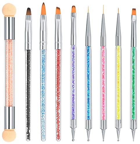 9 Stk Nagel kunst Pinsel, Nagel Pinsel für Nagelkunst, Nägel Punkte Zeichnen Malen Liner Design Pinsel Stifte Werkzeuge für DIY- Gelnägel Nageldesign, mit 1 x Doppelkopf Schwammstift