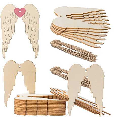 Engelsflügel-Form Holz Ornamente Mit Schnur - Unlackiert für Weihnachten, Hochzeit, Geburtstag, Party, Erntedankfest - Kunst Dekoration, 20 Stück