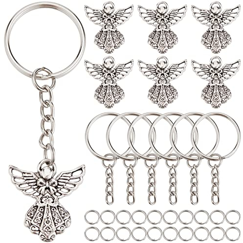 SUNNYCLUE 1 Box 90pcs Diy 30 set Schutzengel Charm Schlüsselanhänger Weihnachtsengel Charms Masse Tibetische Feenflügel Schlüsselanhänger Bausatz Doppelschlaufe Rund Verschüttete Metall Biegeringe Sch