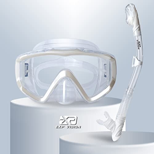 EXP VISION Pano Kit de plongée avec tuba à 3 fenêtres, masque de plongée anti-buée et tuba professionnel pour adultes (blanc perlé) Noir/bleu