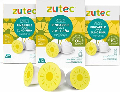 Zutec - Cápsulas de Zumo de Piña- Compatible con Dolce Gusto* Cafeteras - 3 Estuches de 12 cápsulas - 36 Cápsulas - Vegano