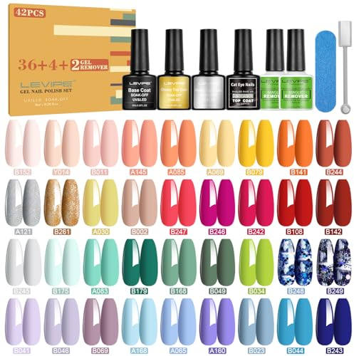 LEVIPE 42 Pcs Vernis Semi Permanent Avec Base Coat, Glossy et Matte et Cat-Eye Top Coat et Remover Vernis Semi Permanent, Vernis Gel Semi Permanent UV LED 8ml