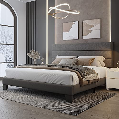 WEEWAY Kingsize-Bettgestell Plattformbett mit Leinenstoff gepolstertem Kopfteil und Holzlattenstütze, robustes Matratzenfundament, kein Boxspringbett erforderlich, einfache Montage, Dunkelgrau