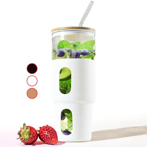 Gobelet en verre de 946 ml avec paille et couvercle en bambou avec manchon en silicone, gobelet réutilisable, pour smoothie et café glacé, compatible avec porte-gobelet, bouteille d'eau en verre
