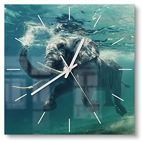 DEQORI Glasuhr | 30x30 cm | Motiv Schwimmender Elefant | ausgefallene leise Design Uhr aus Glas | Wanduhr für Wohnzimmer & Küche | moderne Hingucker Uhr für die Wand