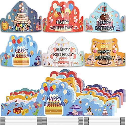 ARTLYMERS Birthday Crowns for Kids, 30 Pack Assorted Designs Paper Crowns, Classroom Birthday Hats, VBS Party Decor Adjustable Elastic Band, Reusable, Ages 15-28 inches, Multiple Colors