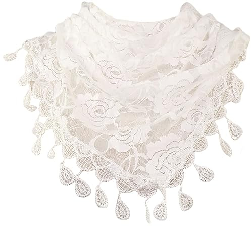 MAIRY Schals und Tücher Frau Damen Zarter Rundschal Spitze Quasten Schal Tuch Dreieckstuch Viskose Halstuch weiß DE148004