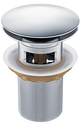 Balneo Messing Waschbecken Stöpsel Universal - Pop Up Ventil Waschbecken 66 mm x G1 1/4 - Waschbeckenstöpsel Pop Up Chrom - Spülbecken Stopfen mit Überlauf - 4 Dichtungen, klick A