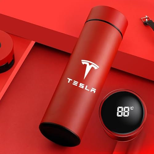 GRONGU Anzeigetemperatur Edelstahl-Thermobecher, Für Tesla Model 3 X S Y, Modischer Thermosbecher Reisebecher Autozubehör,Red
