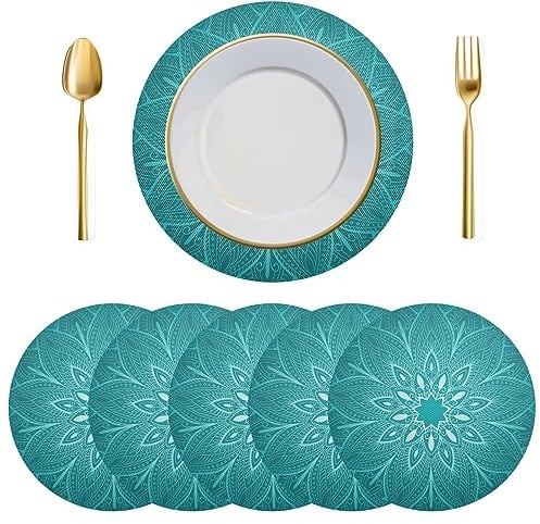 Round Placemats Set of 6, Teal Mandala Floral Dining Table Place Mats Kitchen Placemat Heat Resistant Table Mats for Home Holiday Party D¨¦cor Xmas Decorations Ornaments
