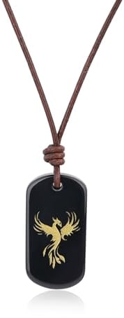 COAI Echtes italienisches Leder Halskette mit schwarzem Obsidian Anhänger mit Unisex geschnitzt Phoenix