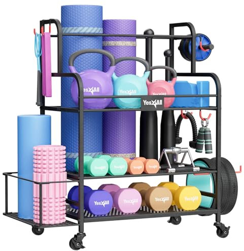 Yes4All Dumbbell Rack, Weight Rack for Home Gym, Sports Equipment Organizer for Dumbbells Kettlebells Yoga Mat Foam Roller and Balls, All in One Gym Workout Storage with Wheels and Hooks, Black