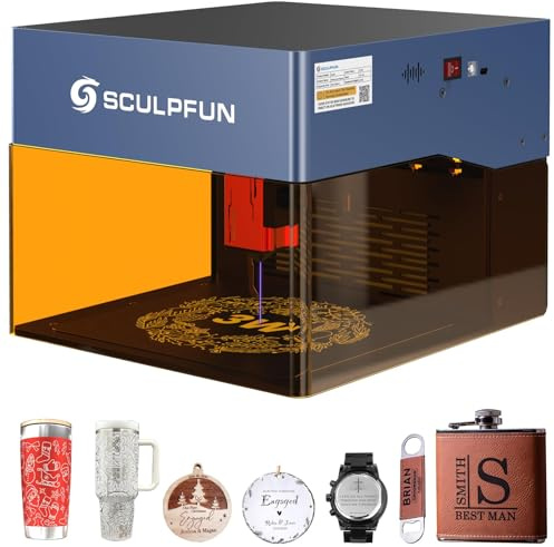 SCULPFUN iCube 3W Mini Desktop Laser Engraver, Laser Engraving Machine with 0.02mm Focus, 10000mm/min High-Speed, Laser Cutter with Smoke Filter, Eye Protection Shield, Engraving Area 130x130mm